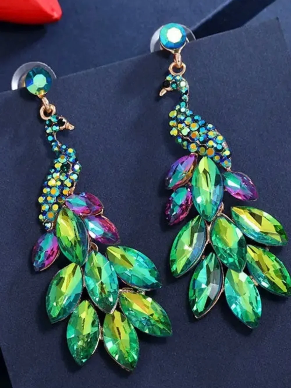 Peacock Statement Dangle Earrings Sparkly Rhinestone Glam I NWT